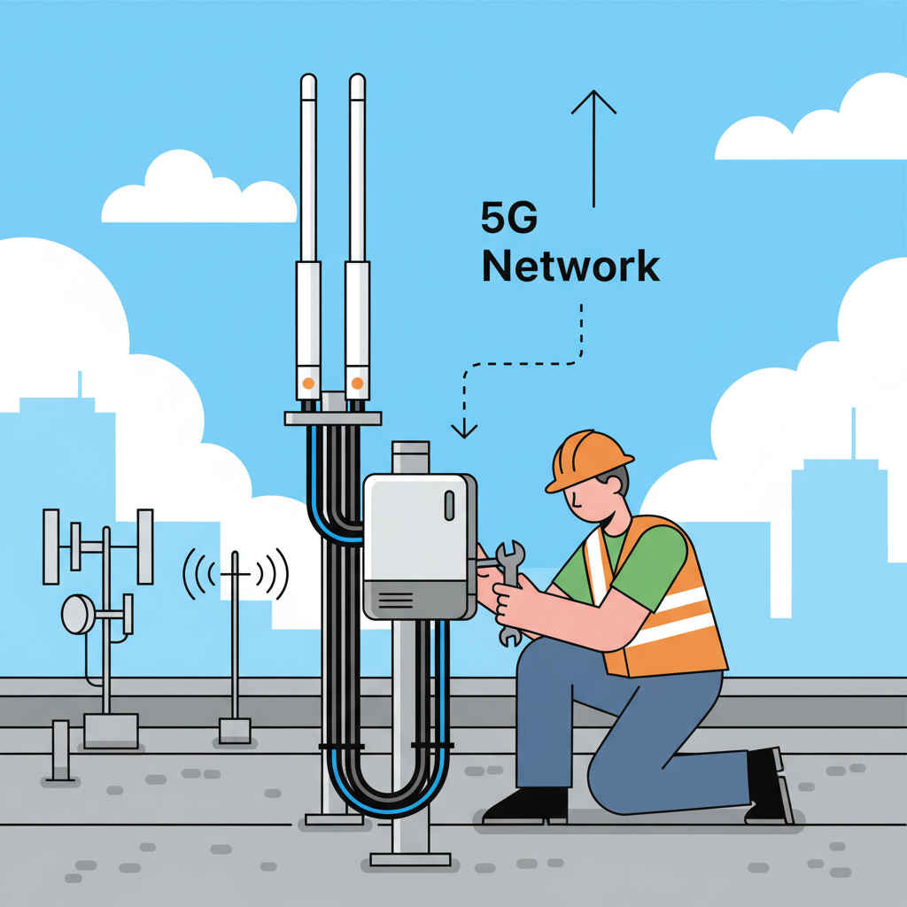 Technician installing Helium 5G hotspot on rooftop, antennas and cabling detailed