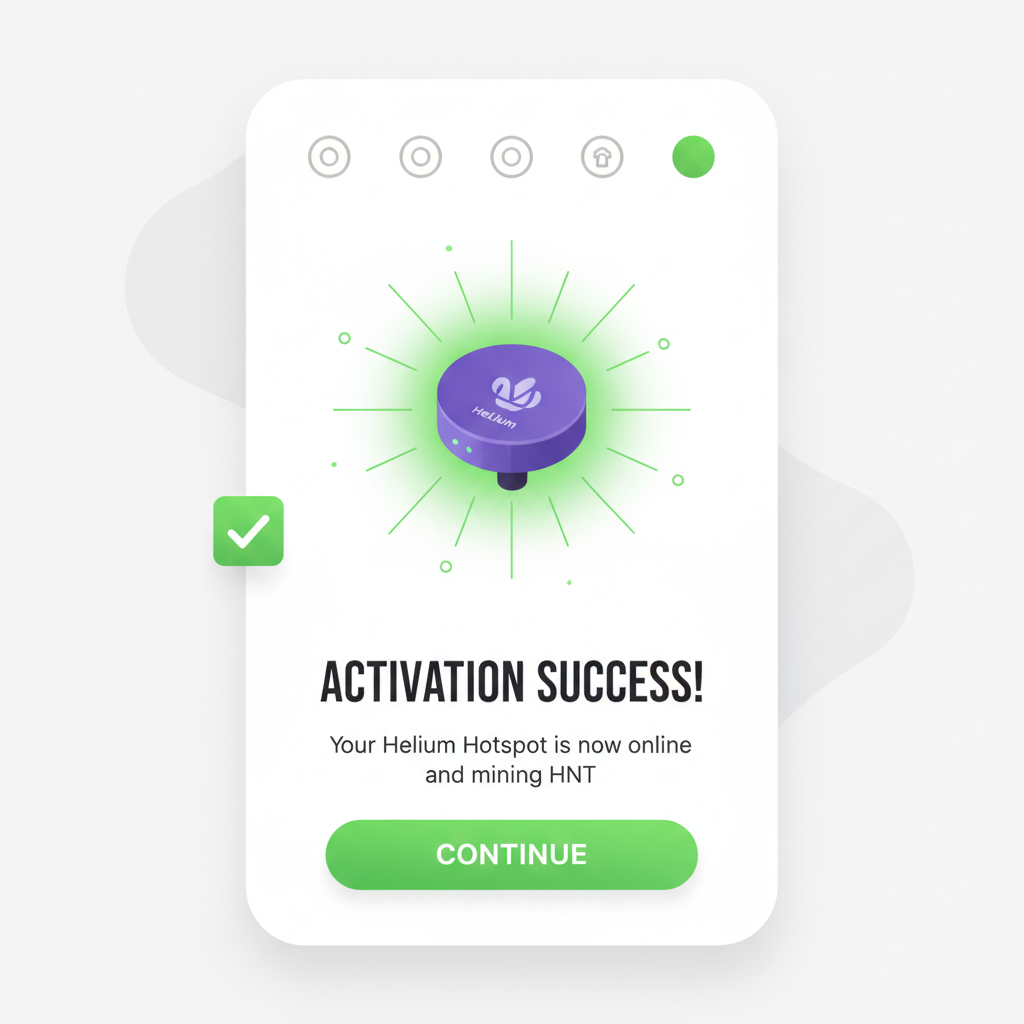 Mobile app screen onboarding Helium hotspot, green activation success glow