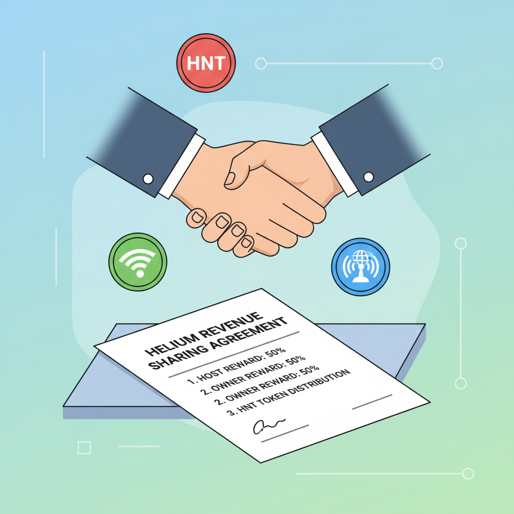 Handshake over revenue sharing contract for Helium hotspot, token icons floating