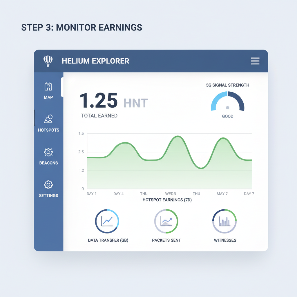 Dashboard of Helium Explorer showing hotspot earnings graph, 5G signal strength