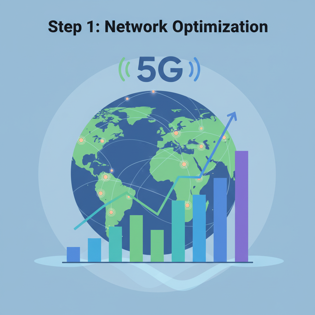 Futuristic Helium 5G network optimization, graphs rising, hotspots connected globally