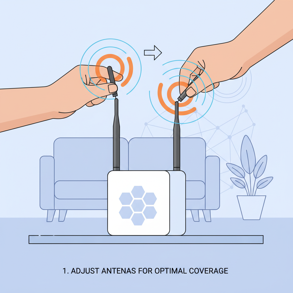 adjusting antennas on helium 5g hotspot indoors, signal waves visualization, high tech