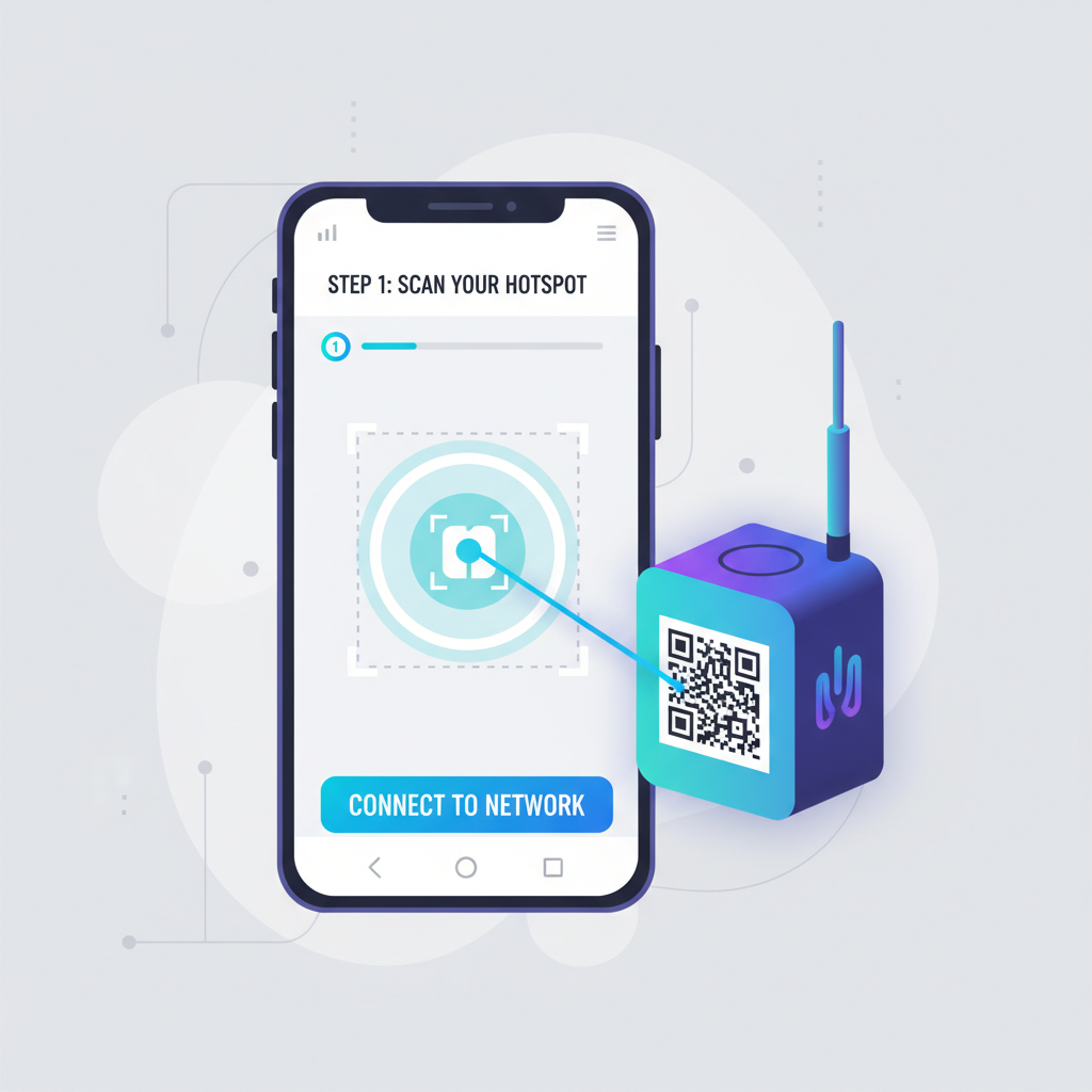 smartphone helium app scanning qr code on hotspot, network onboarding screen, modern ui