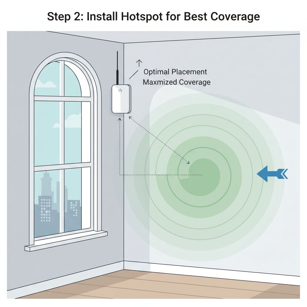 helium hotspot mounted high on indoor wall near window, optimal placement visualization, coverage map overlay