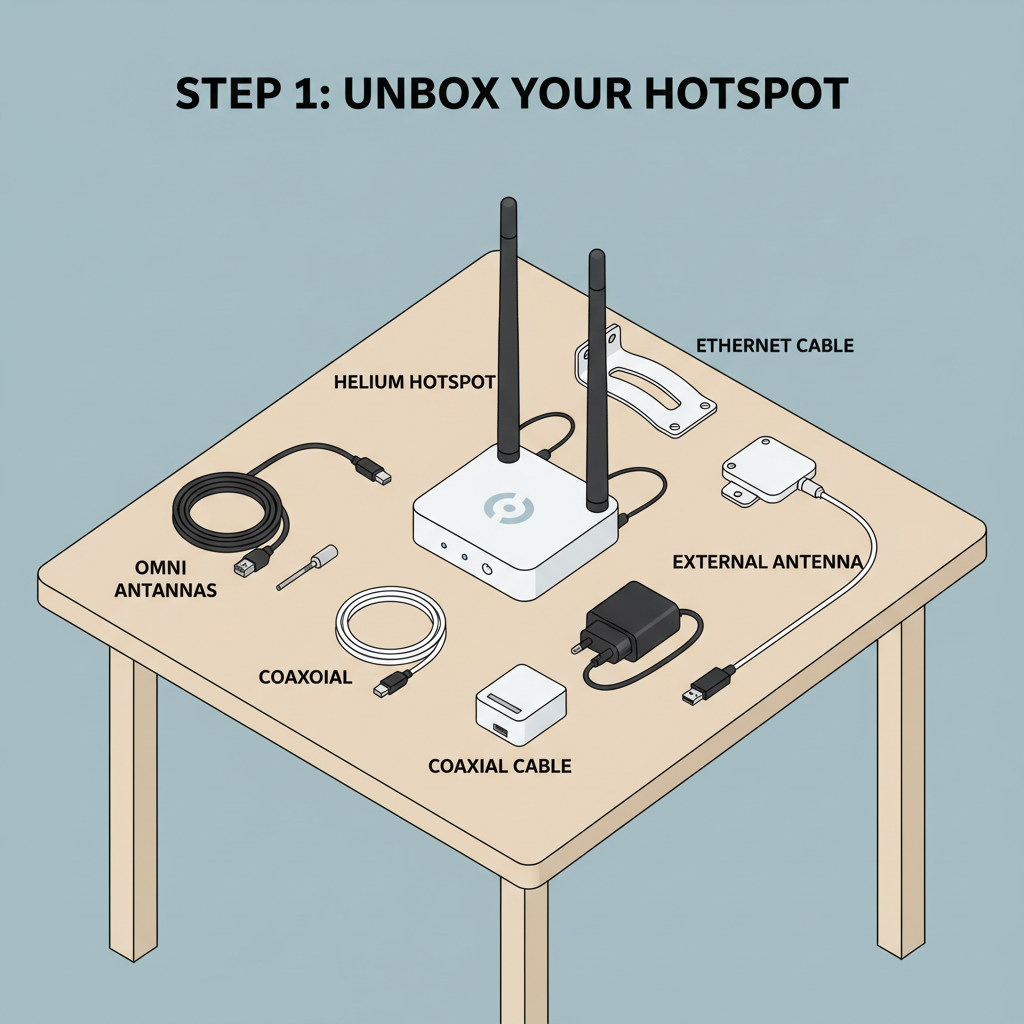 helium hotspot unboxed components spread on table, antennas cables power adapters, realistic photo