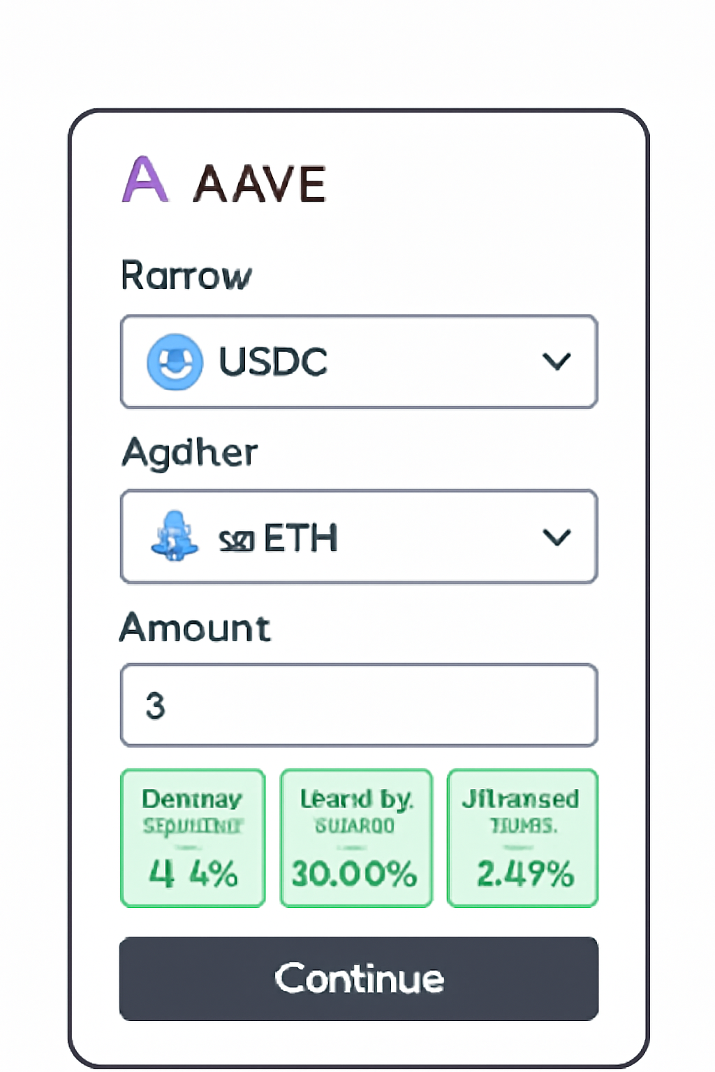Aave borrow interface selecting USDC against stETH, risk metrics highlighted green, modern DeFi screen