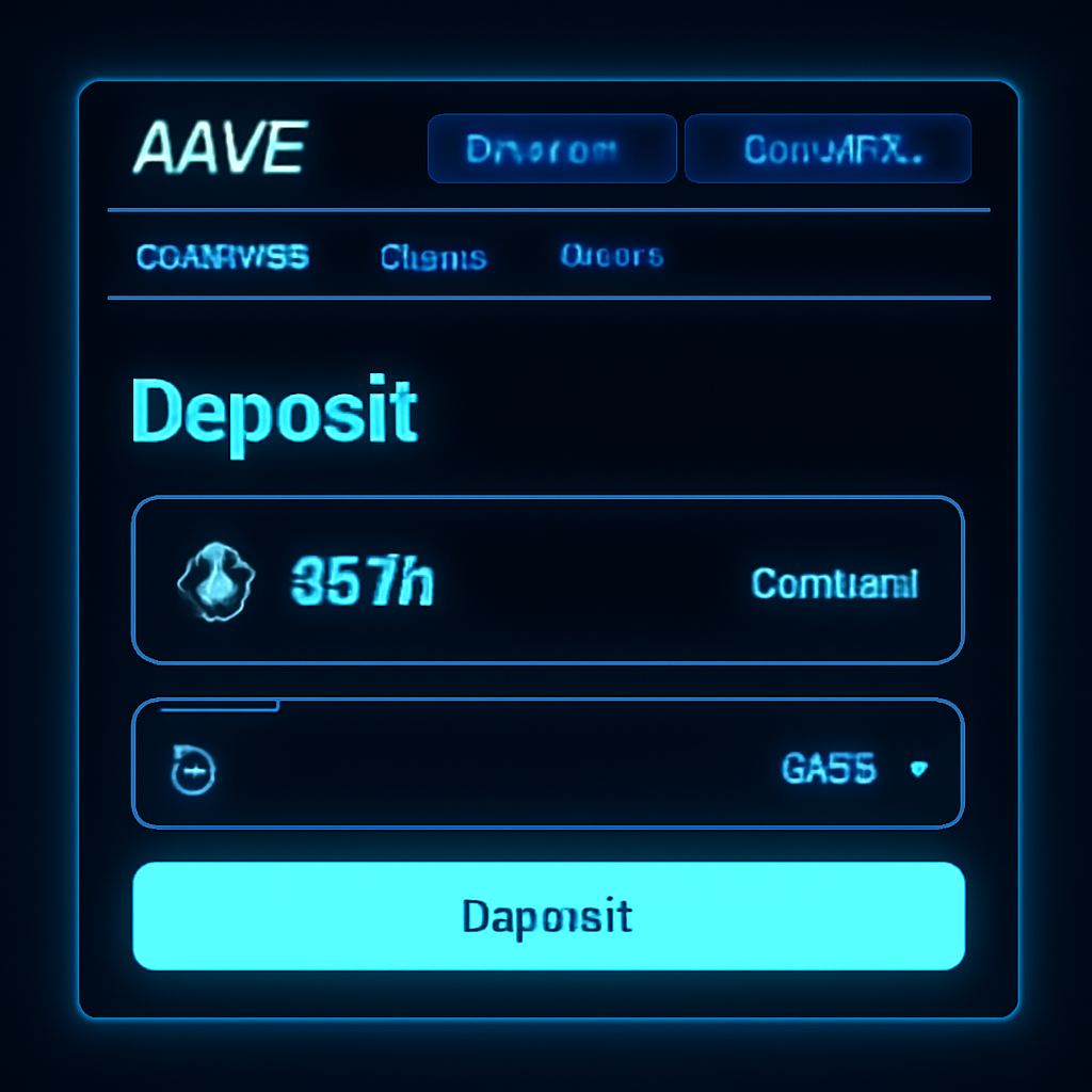 sleek Aave dashboard depositing stETH collateral, glowing blue UI, DeFi neon accents