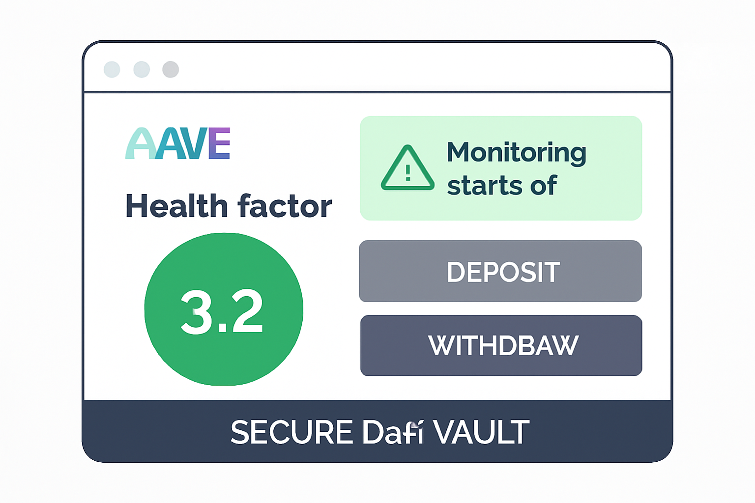Aave health factor dashboard green zone, monitoring alerts active, secure DeFi vault interface