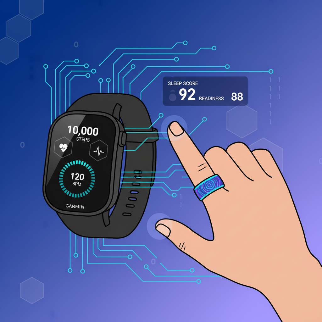 futuristic Garmin watch and Oura ring glowing with data streams, cyberpunk fitness tech
