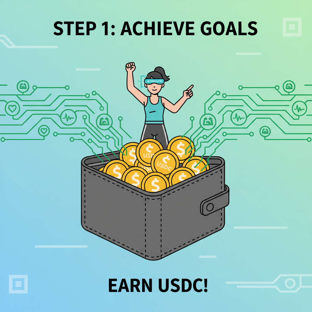 wallet filling with USDC coins, fitness data streams flowing in, triumphant cyber victory pose