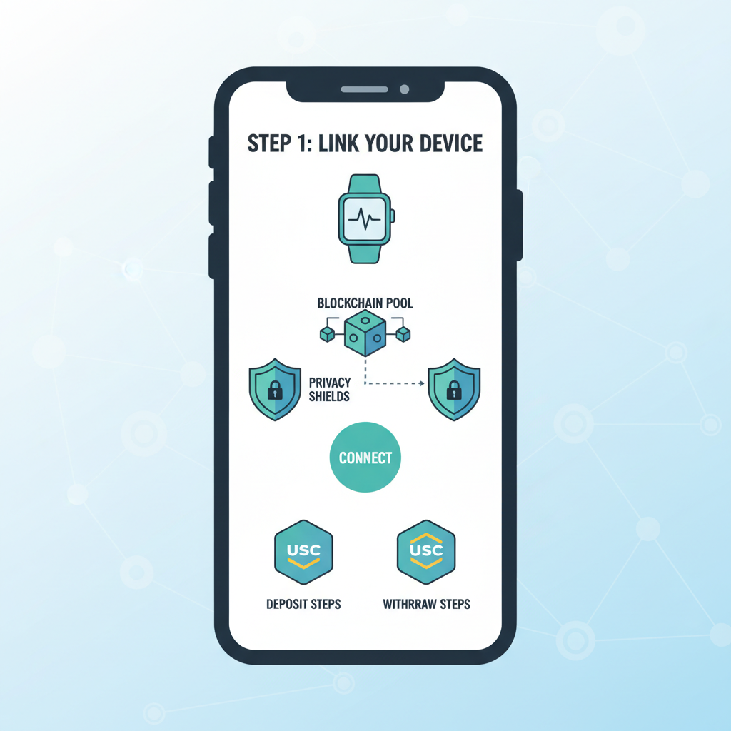 smartphone app connecting fitness tracker to blockchain pool, privacy shields and USDC icons