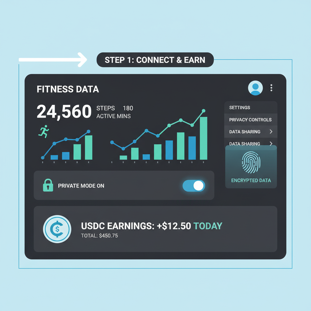 sleek dashboard with rising fitness data graphs and USDC earnings, privacy UI elements