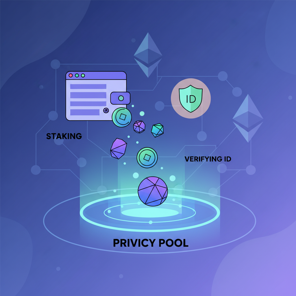 staking crypto into glowing privacy pool, ID shield verifying, Ethereum nodes background
