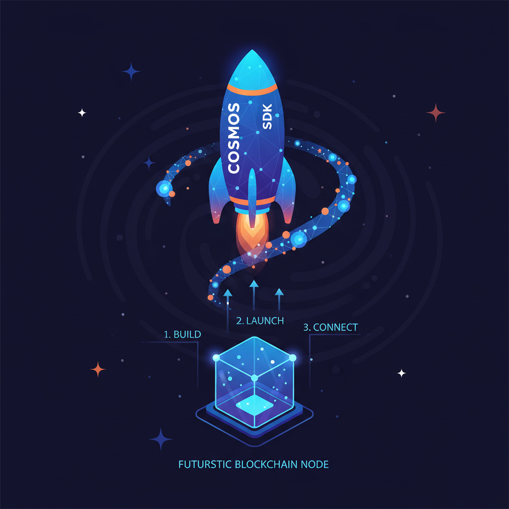 cosmos sdk chain launching rocket style, glowing atoms, futuristic blockchain node