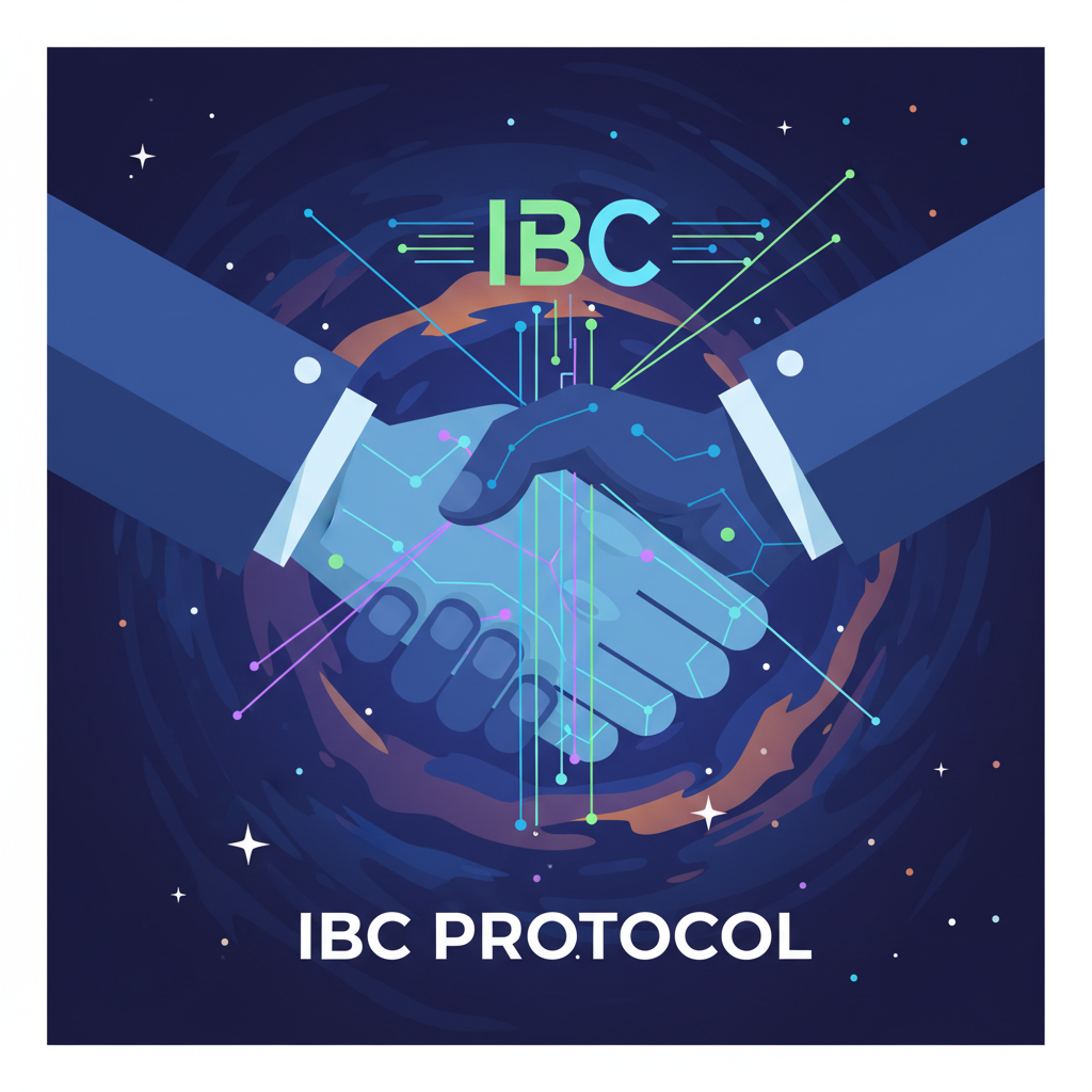 two blockchain hands shaking over cosmic background, ibc protocol light beams