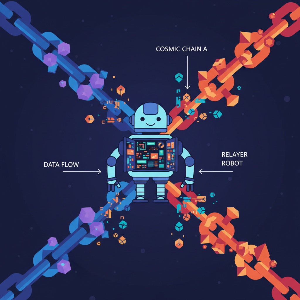 relayer robot bridging two cosmic chains, data packets flying, high-tech dashboard