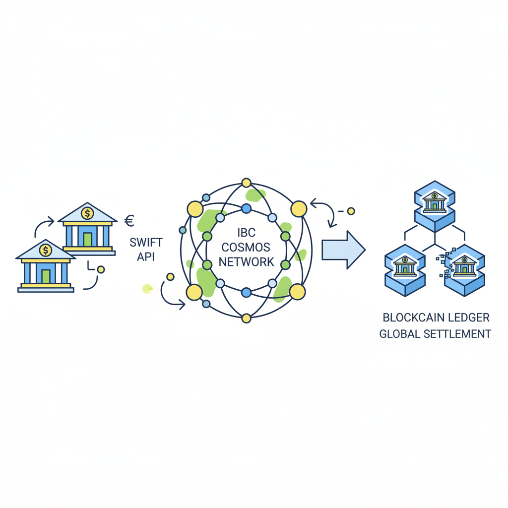 swift api merging with ibc cosmos network, bank icons to blockchain, global settlement