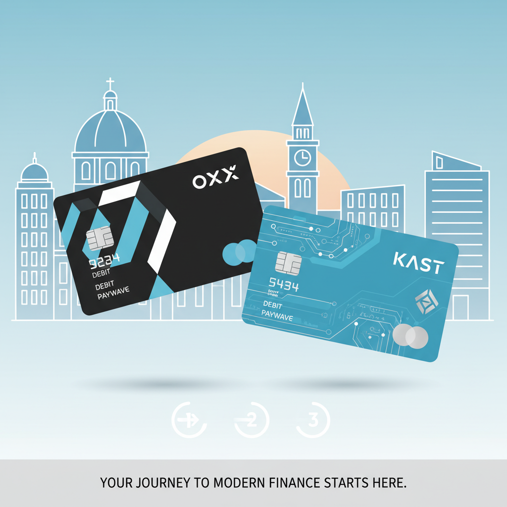 sleek OKX and KAST debit cards on European city skyline background, modern fintech style
