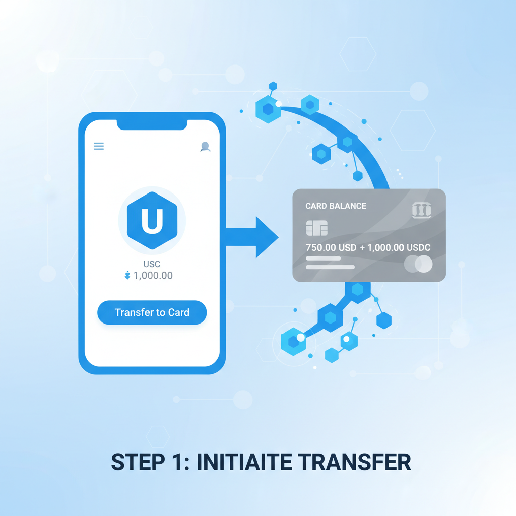 digital wallet transferring USDC to debit card balance, glowing blockchain nodes