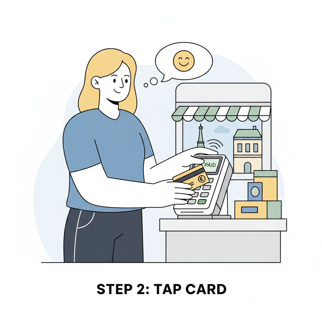 person tapping debit card at store POS terminal, smiling shopper in Europe