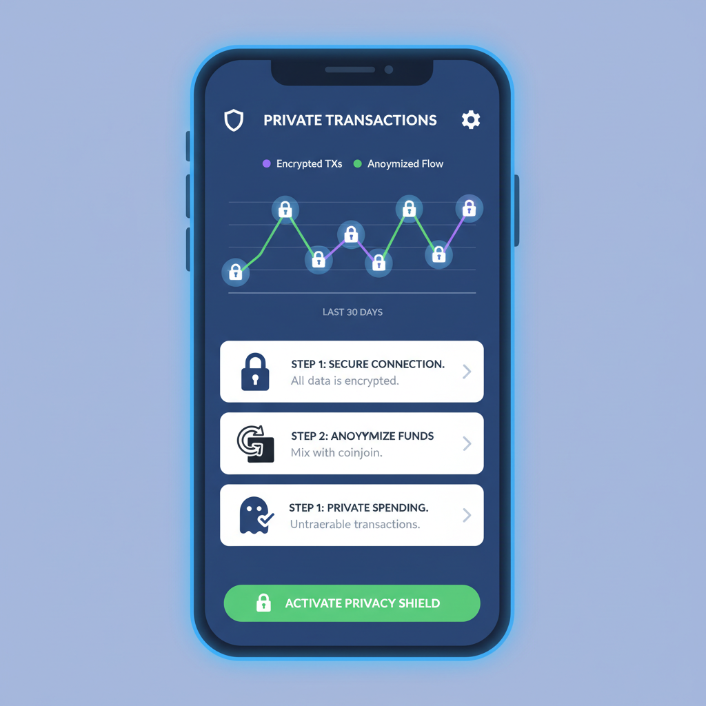 mobile app dashboard displaying private crypto transactions graph, secure lock icons