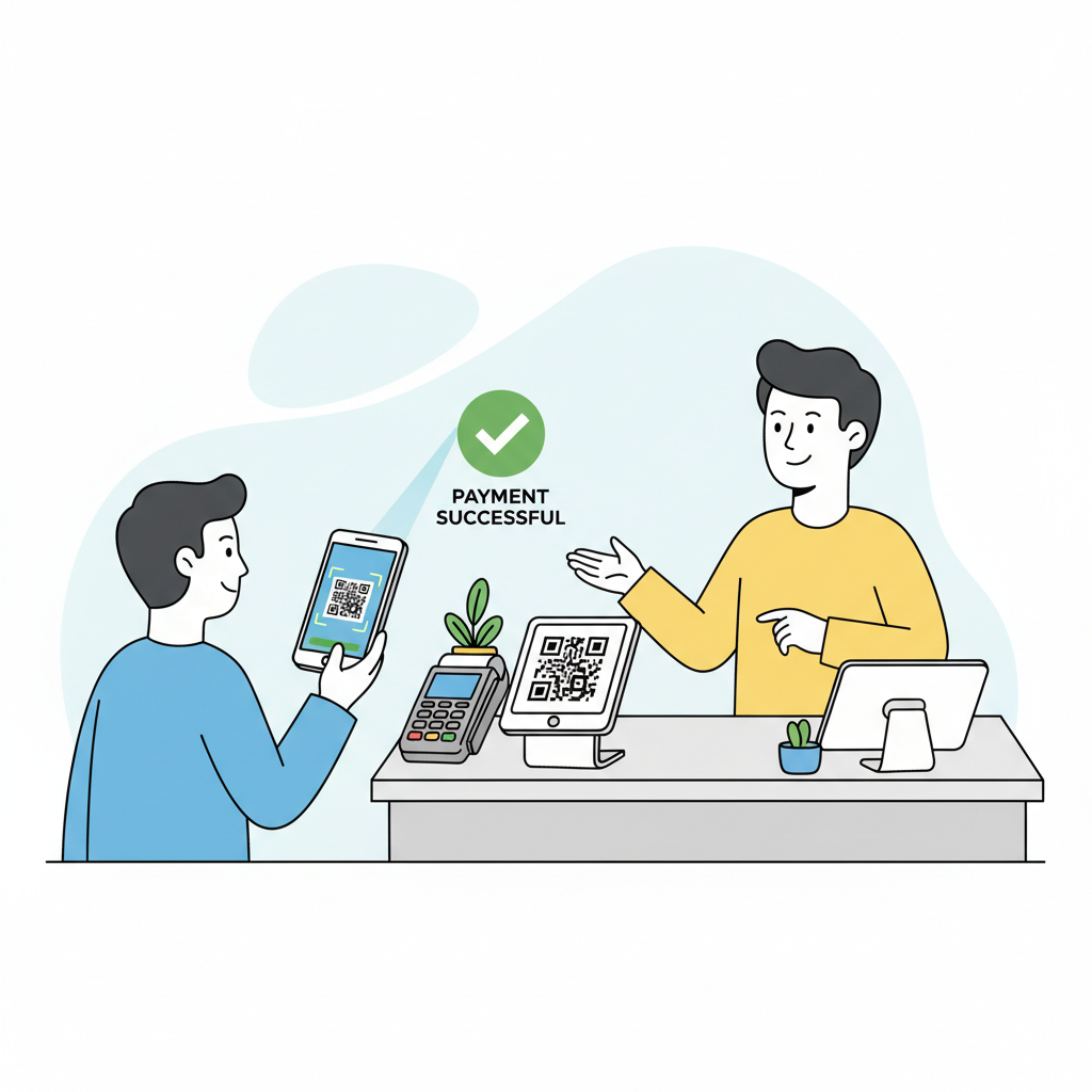 customer phone scanning merchant QR code at POS counter, success confirmation screen