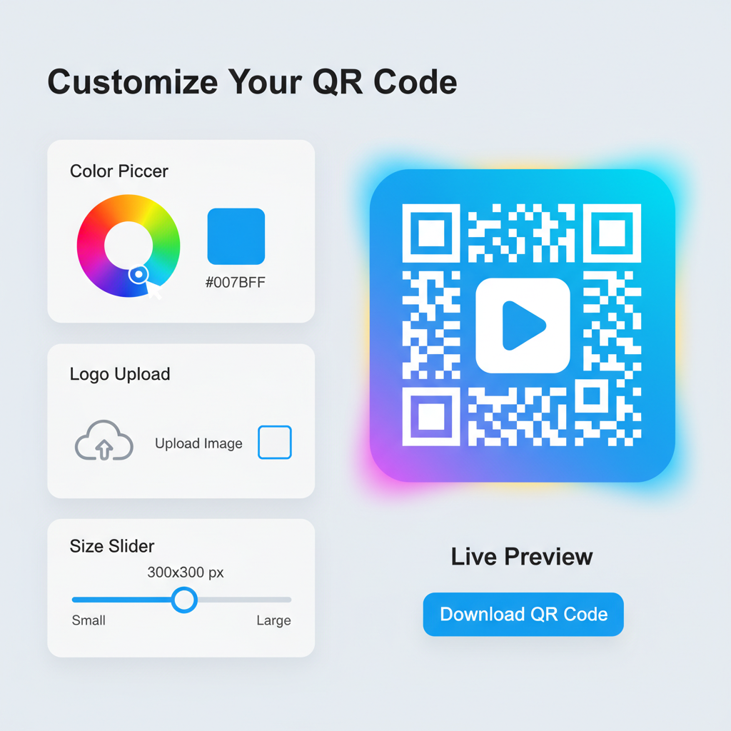 customizing QR code interface with color picker logo upload size slider, vibrant preview