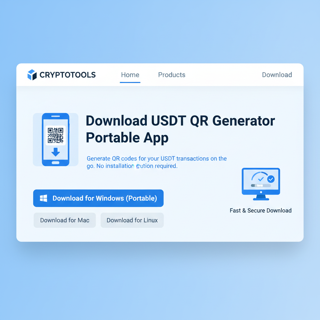 simple screenshot of downloading USDT QR generator portable app from website, clean UI, tech blue tones
