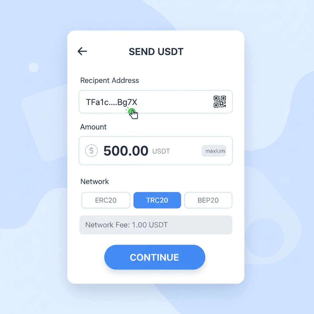 user interface screen entering USDT wallet address amount network selector, modern app design