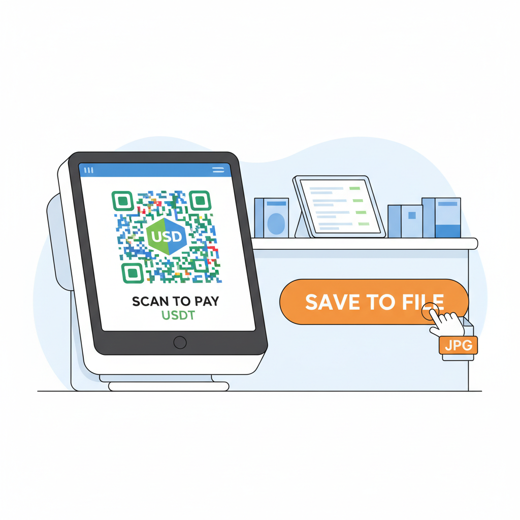 exporting colorful USDT QR code to file, save button prominent, merchant POS setup
