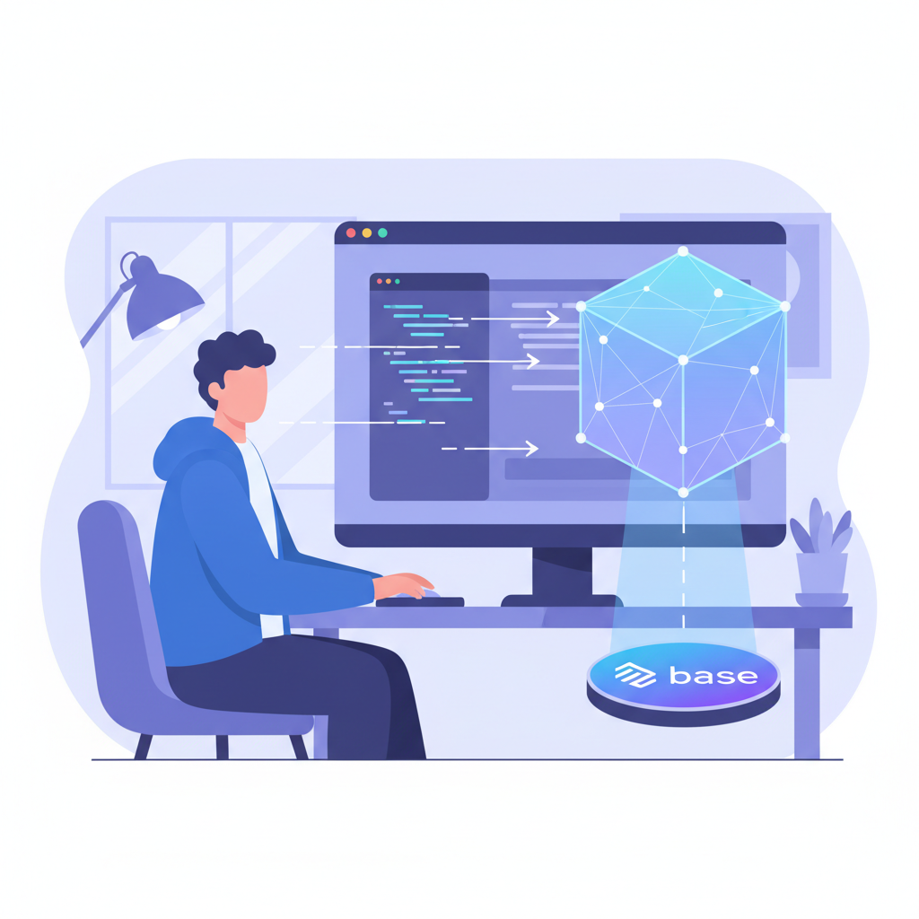 developer deploying glowing smart contract on Base network illustration