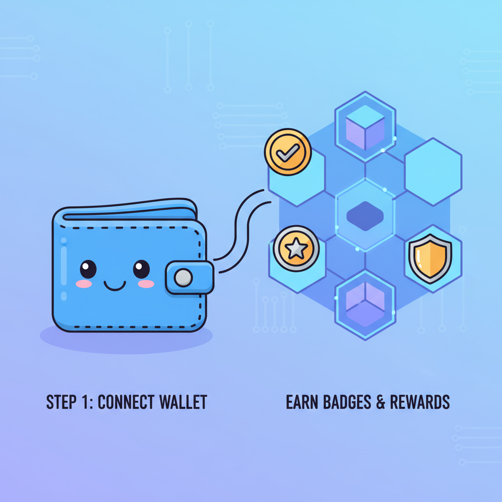 cartoon wallet connecting to glowing blockchain dashboard with badges
