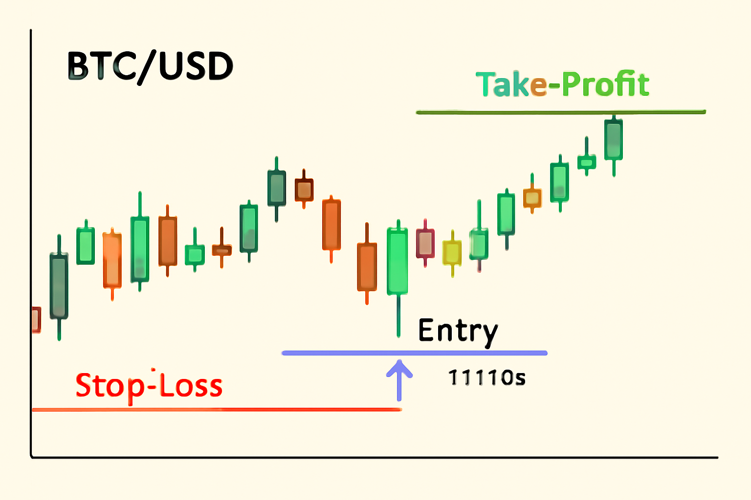 BTC/USD chart with entry, stop-loss, and take-profit levels marked, showing a trade setup after confirmation at $111,184.