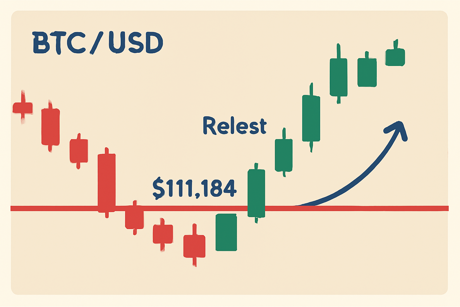 BTC/USD chart zoomed in on the retest, showing bullish candlestick patterns (like a hammer or engulfing) forming at the $111,184 level.
