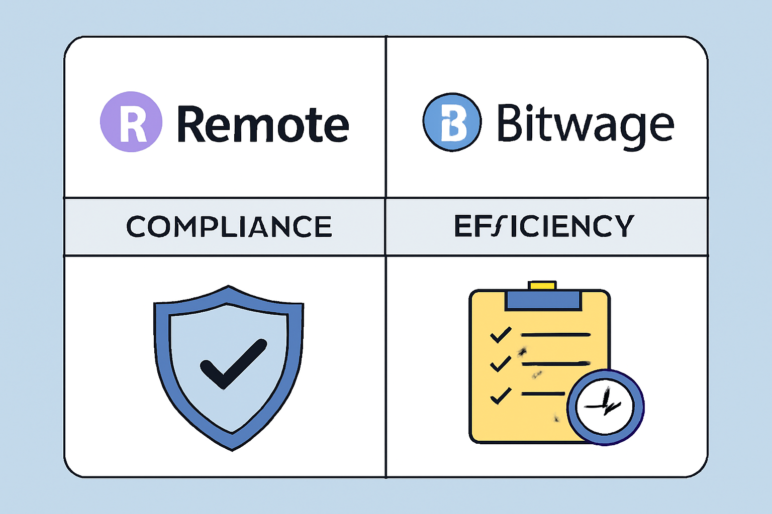 A dashboard comparing payroll platforms like Remote and Bitwage, with icons representing compliance and efficiency.