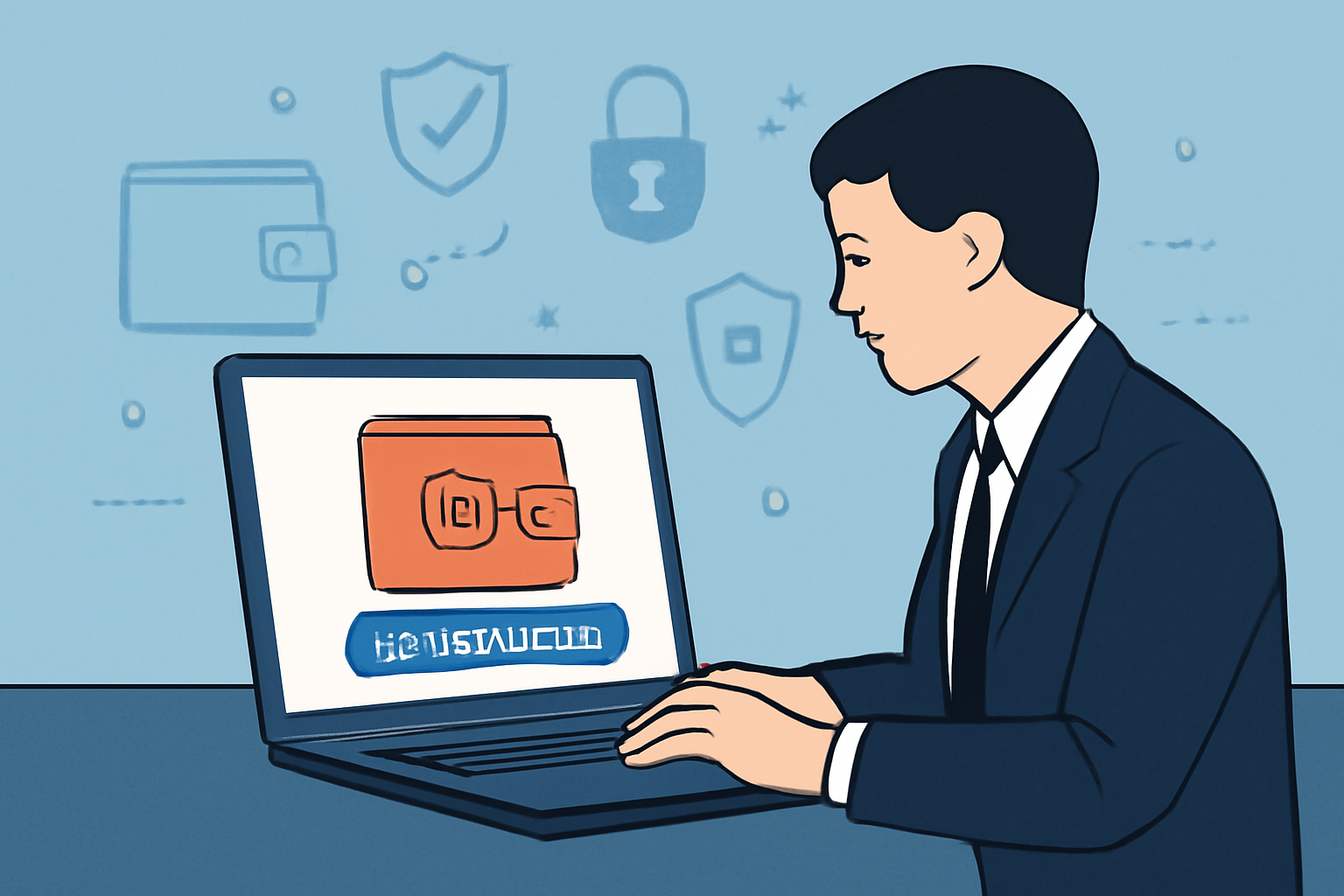 A business professional setting up a crypto wallet on a laptop, with digital wallet icons and security symbols in the background.
