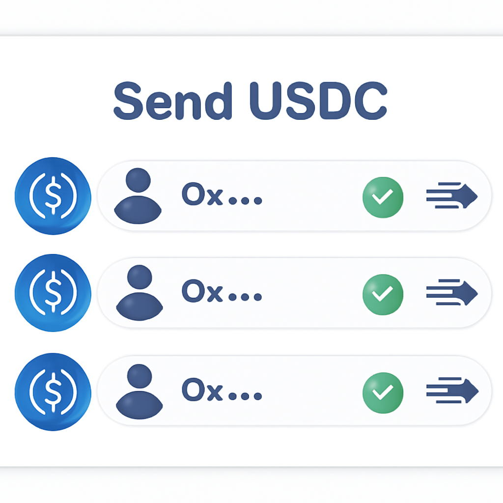 A digital transaction screen showing USDC being sent to multiple recipients, with confirmation checkmarks and fast transfer icons.