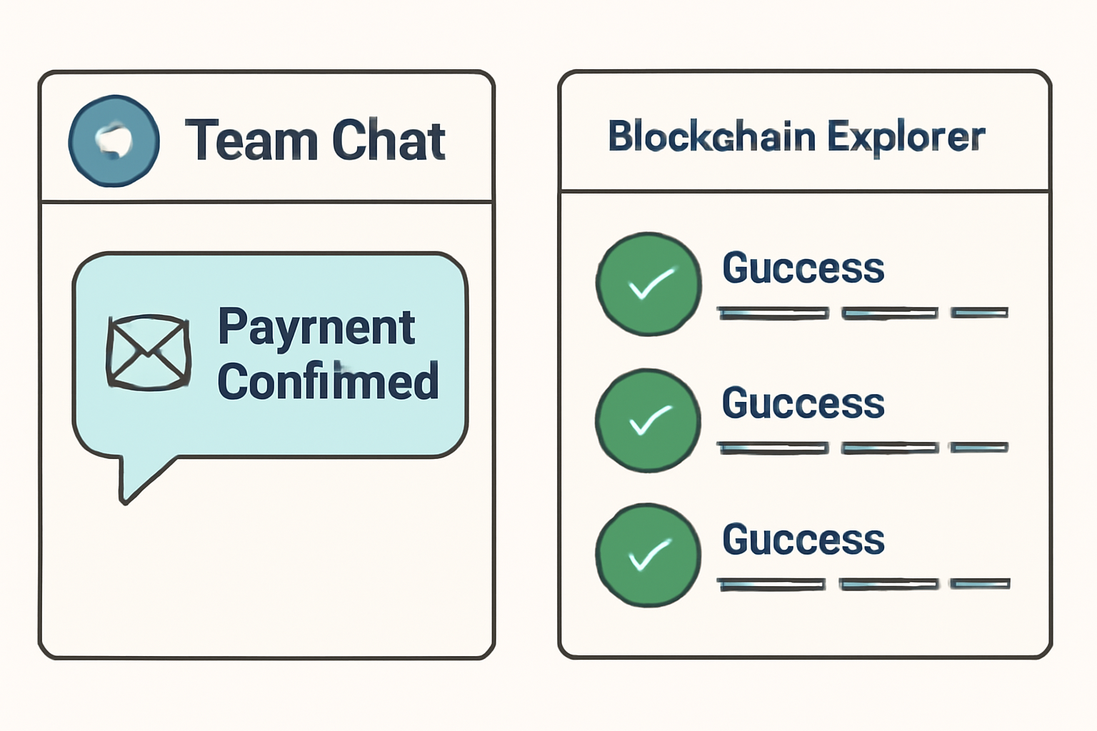A team chat or email notification with payment confirmations, and a blockchain explorer screen showing successful transactions.