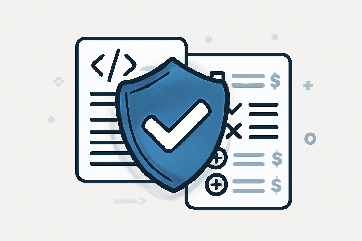 A shield icon overlaying code and transaction logs, representing security and dispute protection in AI agent payments.