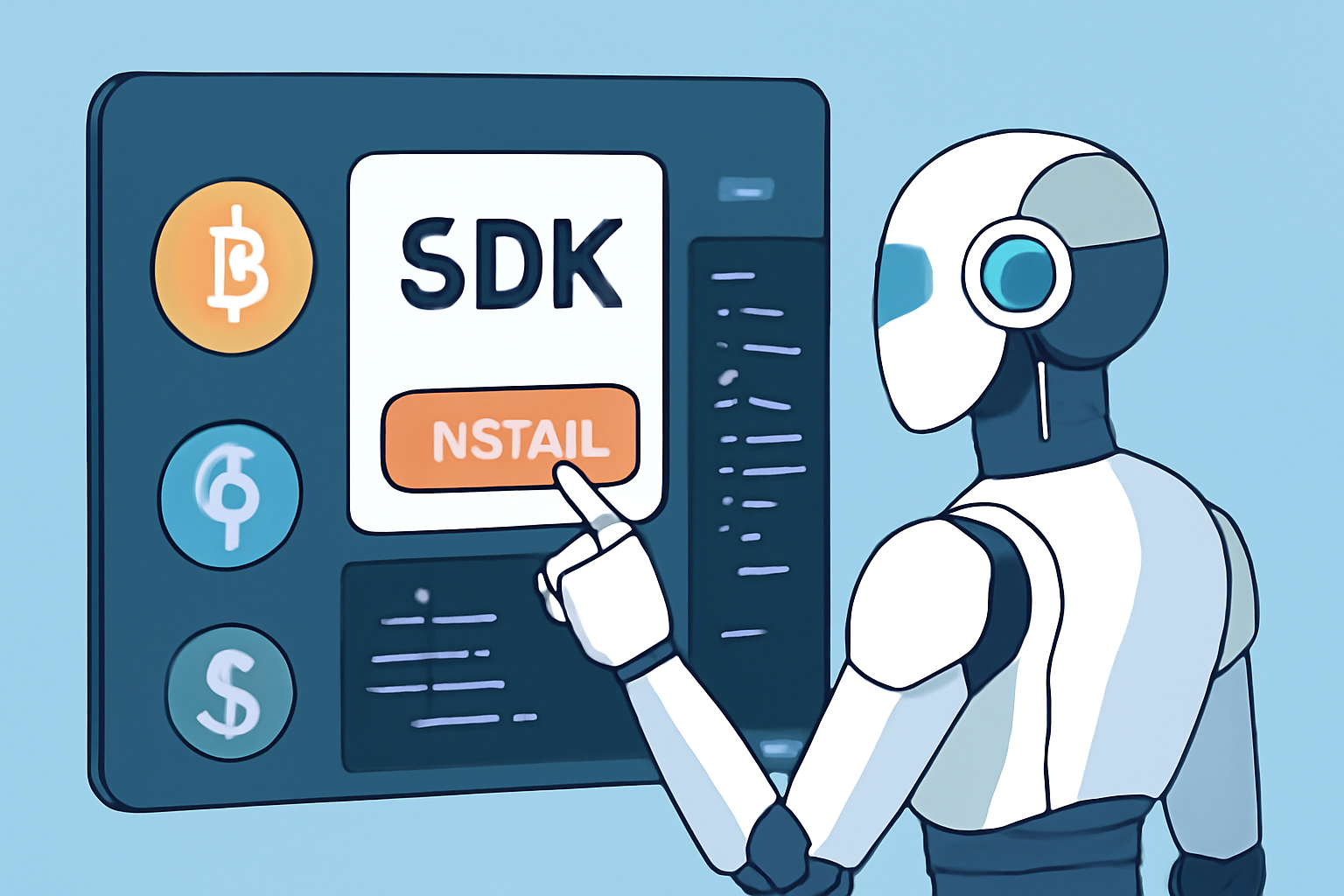 A futuristic AI agent installing a software development kit on a sleek digital dashboard, with crypto icons and code snippets visible.