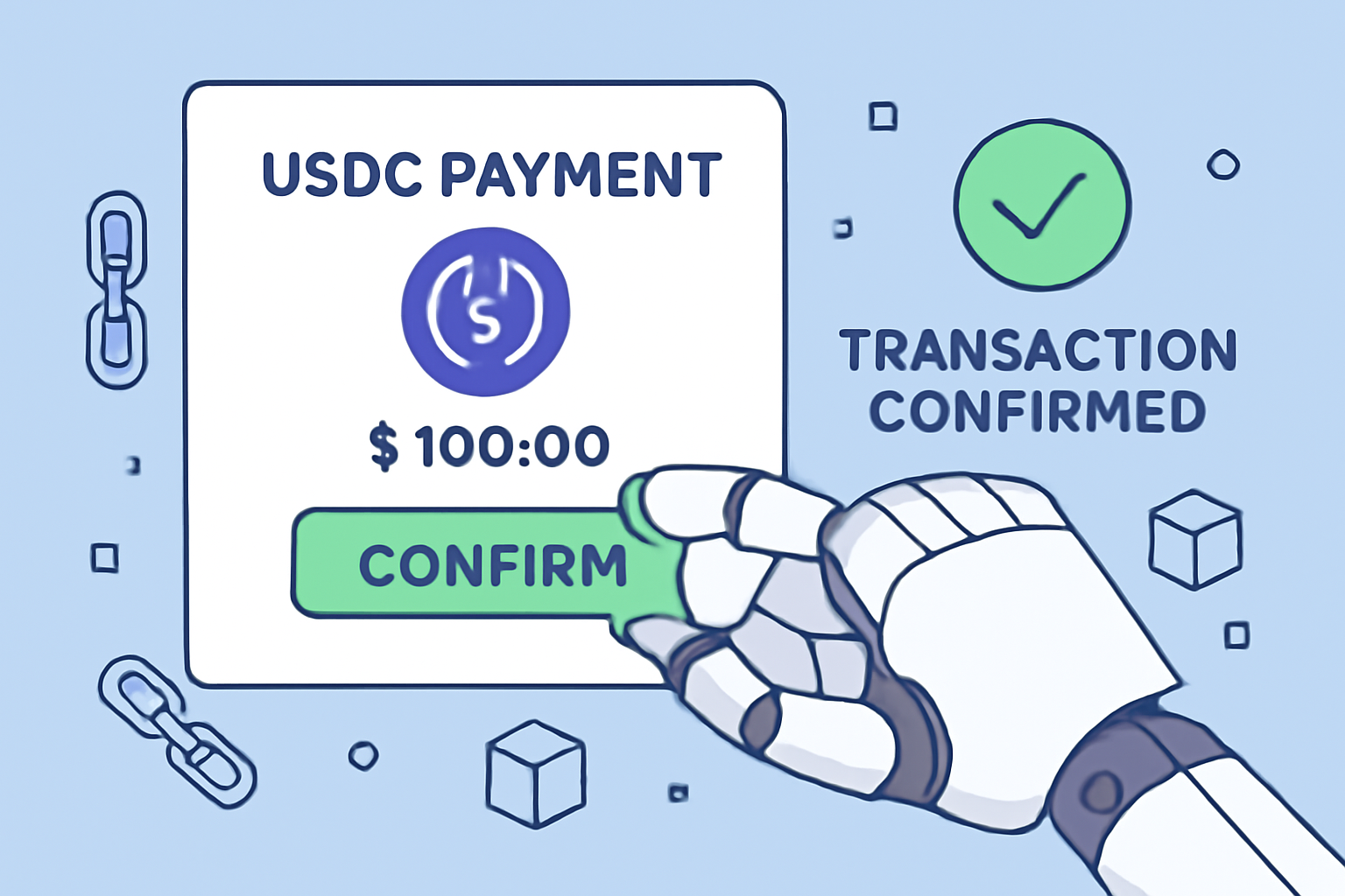 A robotic hand confirming a USDC payment on a digital interface, with transaction confirmation and blockchain elements.
