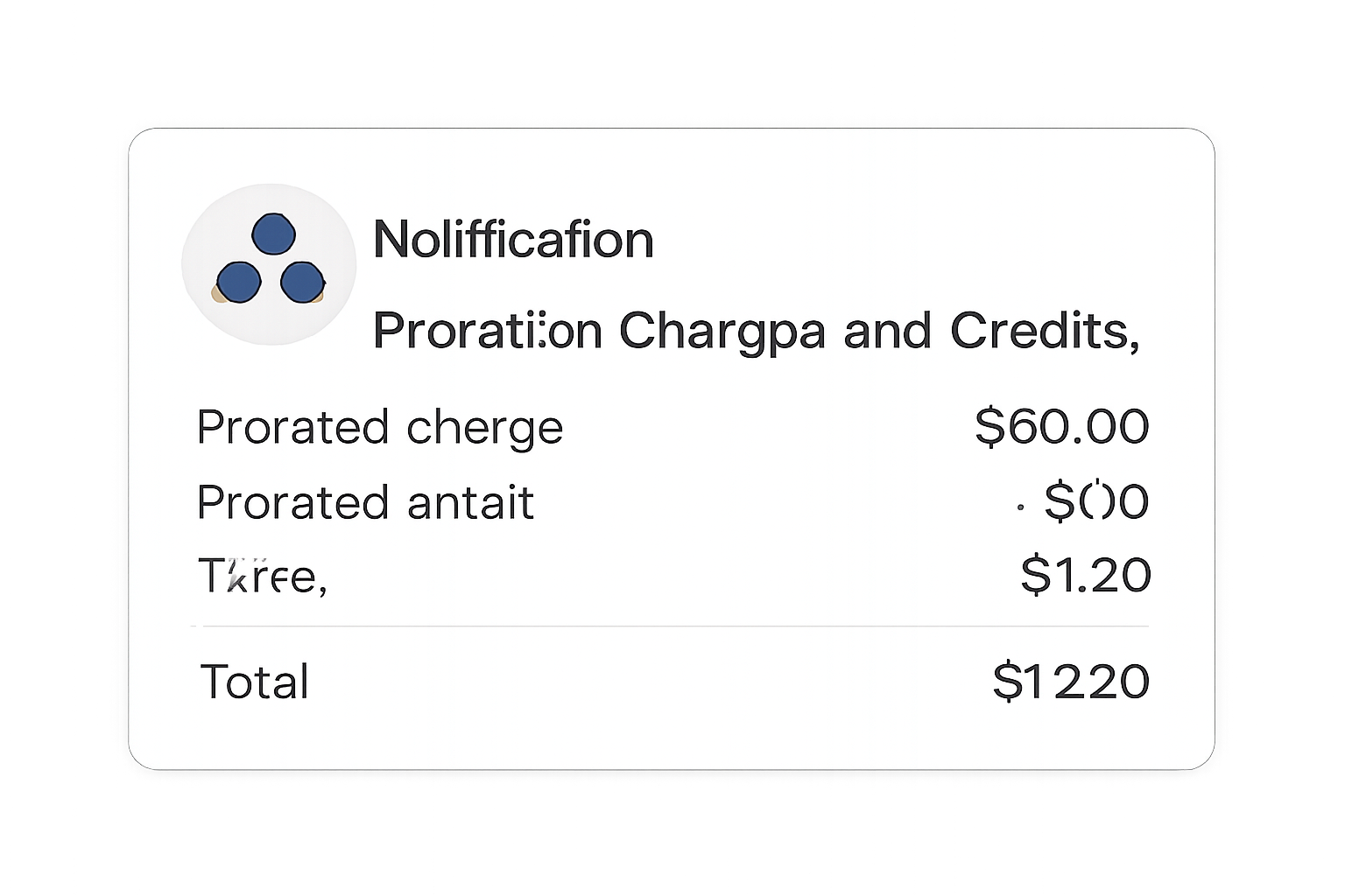 A notification popup with a blockchain logo, showing a breakdown of proration charges and credits.