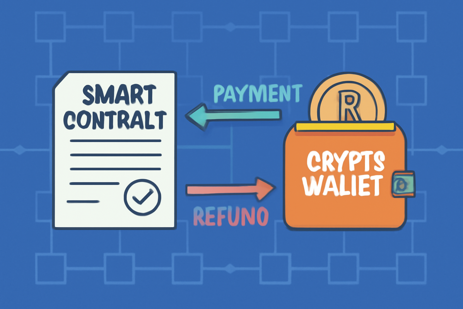 Smart contract interacting with a crypto wallet, showing payment and refund arrows, on a blockchain background.