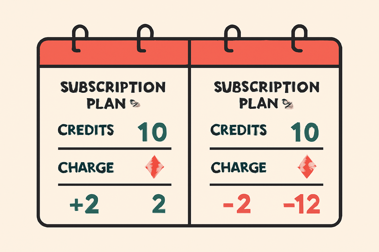 A split calendar showing two subscription plans, with calculations for credits and charges, and Ethereum symbols.