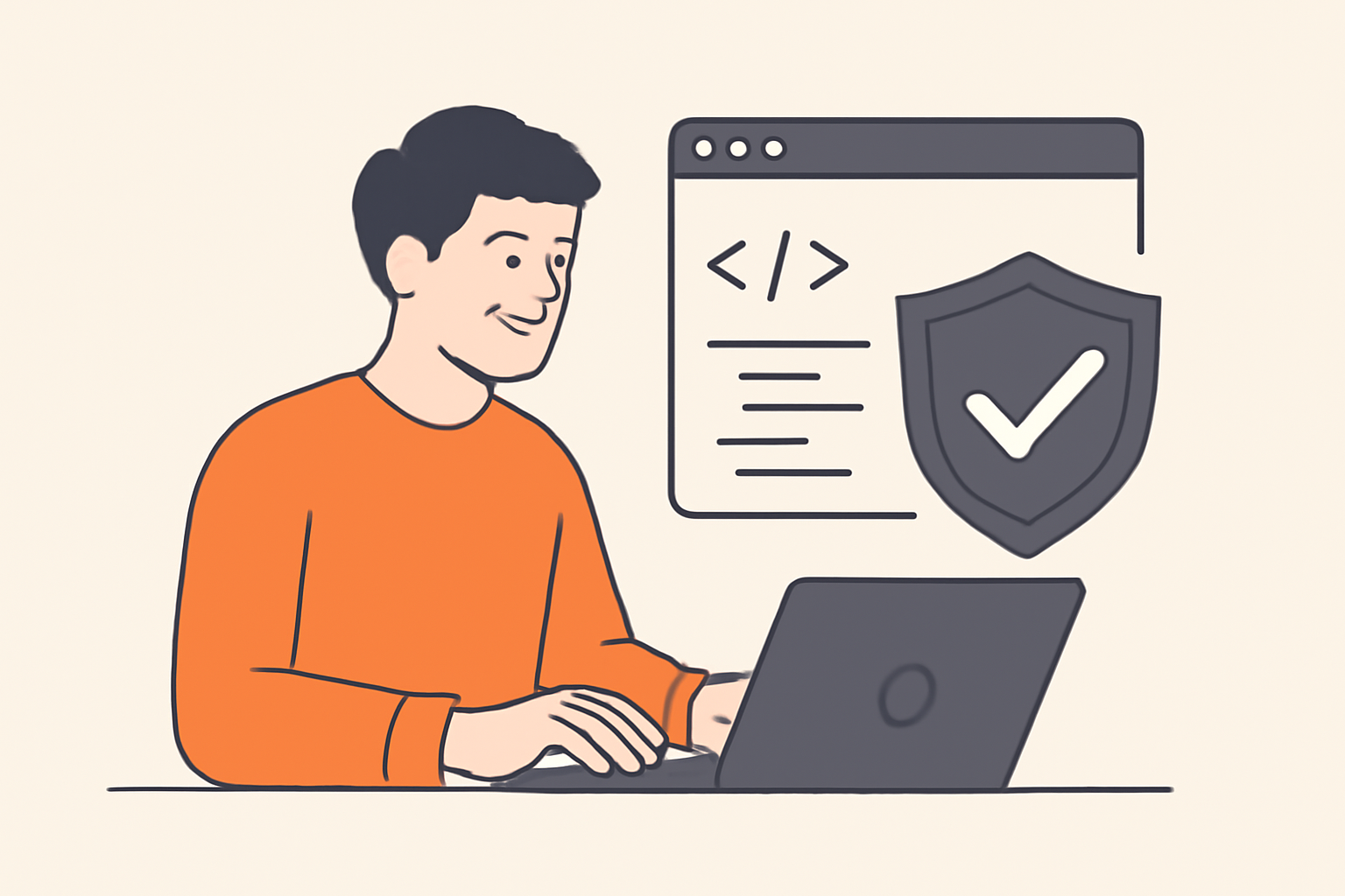 A developer testing code with a shield and checkmark overlay, symbolizing security and accuracy.