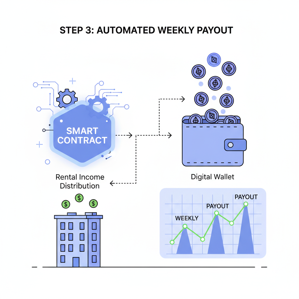 Smart contract distributing rental income, ETH coins raining into wallet, weekly payout graph