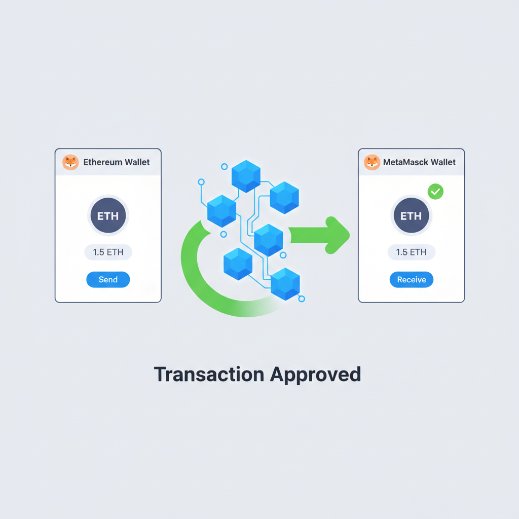 ETH transfer to MetaMask wallet interface, green transaction arrow, blockchain nodes glowing
