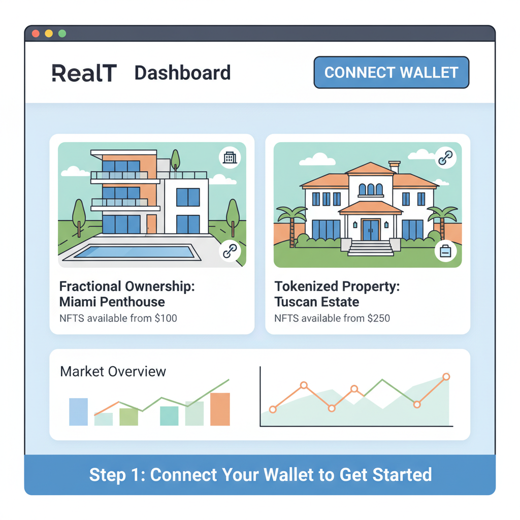 RealT dashboard with fractional real estate NFTs, luxury properties tokenized, connect wallet button