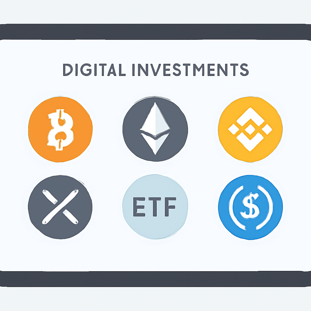 A selection of major cryptocurrencies (like Bitcoin) and crypto ETF icons on a digital investment platform
