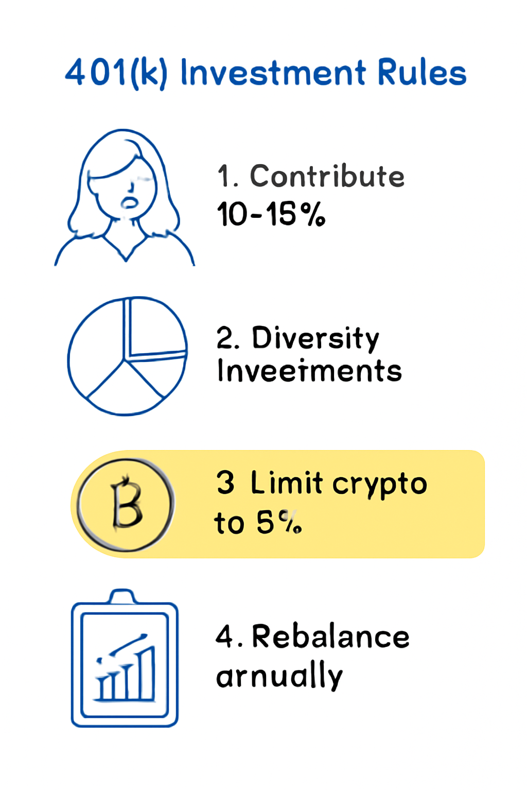 A document or webpage showing 401k investment rules with a highlighted 5% crypto allocation limit